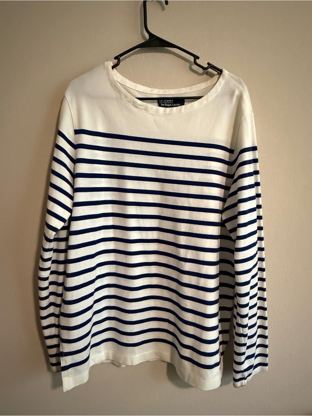 Ralph Lauren White Crewneck Sweater with Navy Stripes